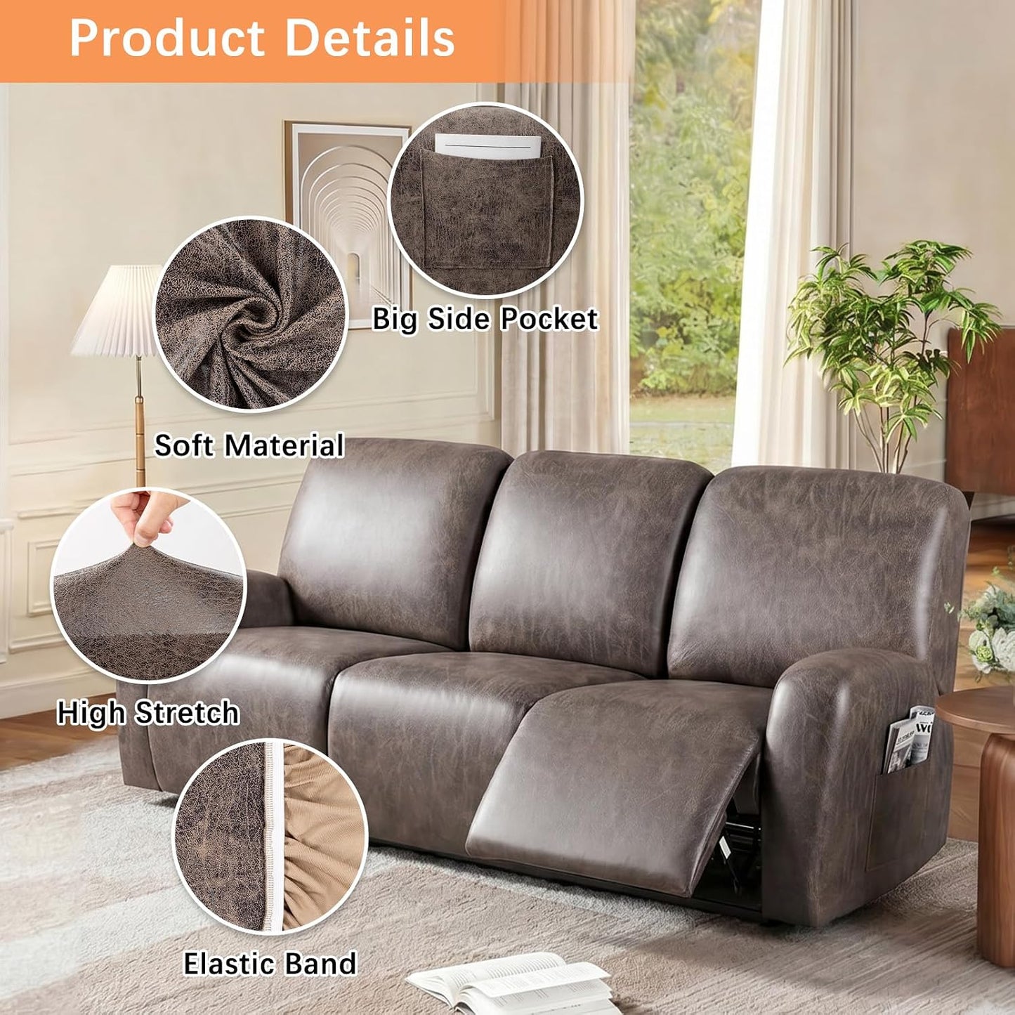HEBE Recliner Couch Covers Washable Waterproof, Oversized Leather Like Stretch Recliner Sofa Slipcovers, Reclining Chair Cover Protector Stay in Place for Kids Pets