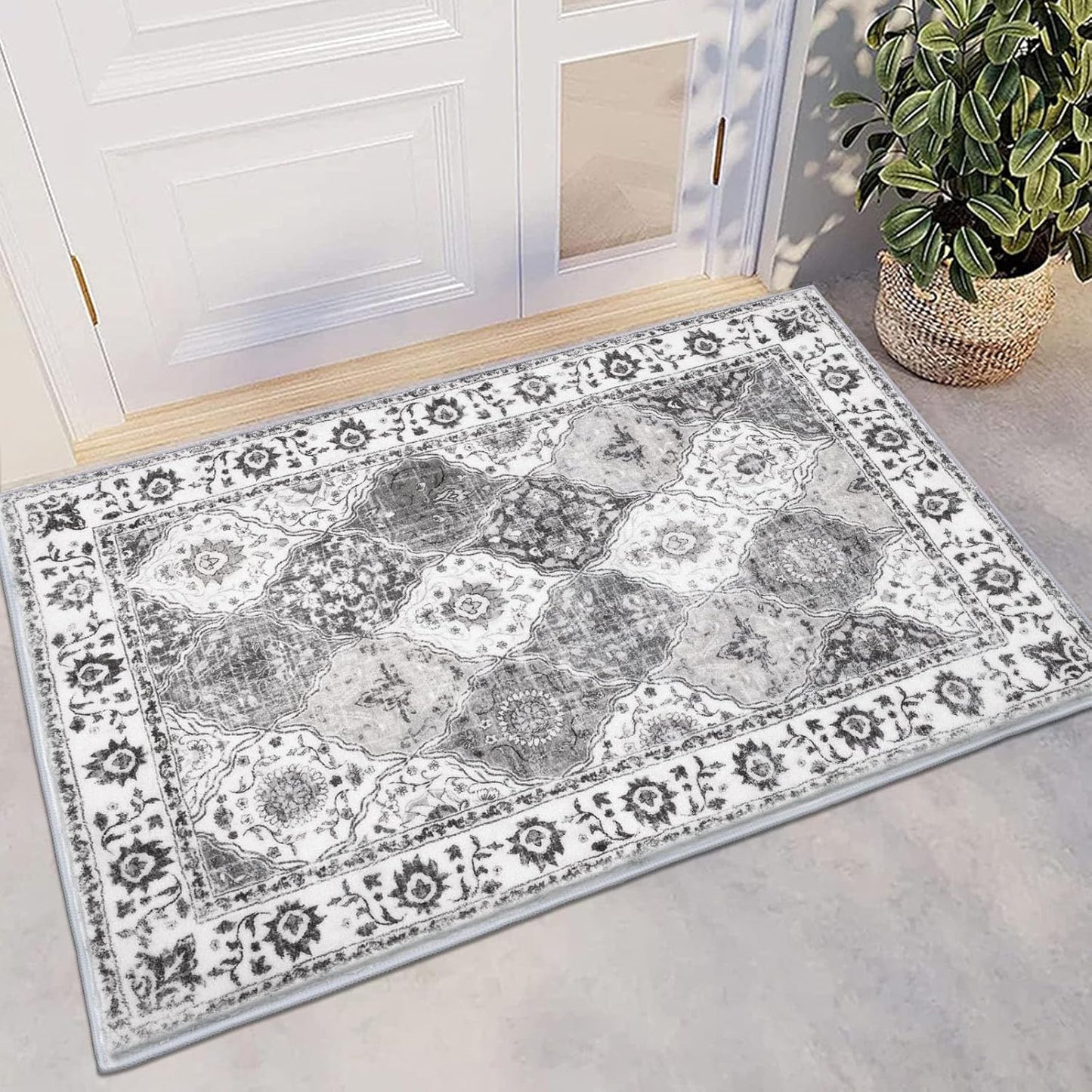 HEBE Washable Area Rug 2'x3' Non Slip Soft Distressed Medallion Bedroom Rug