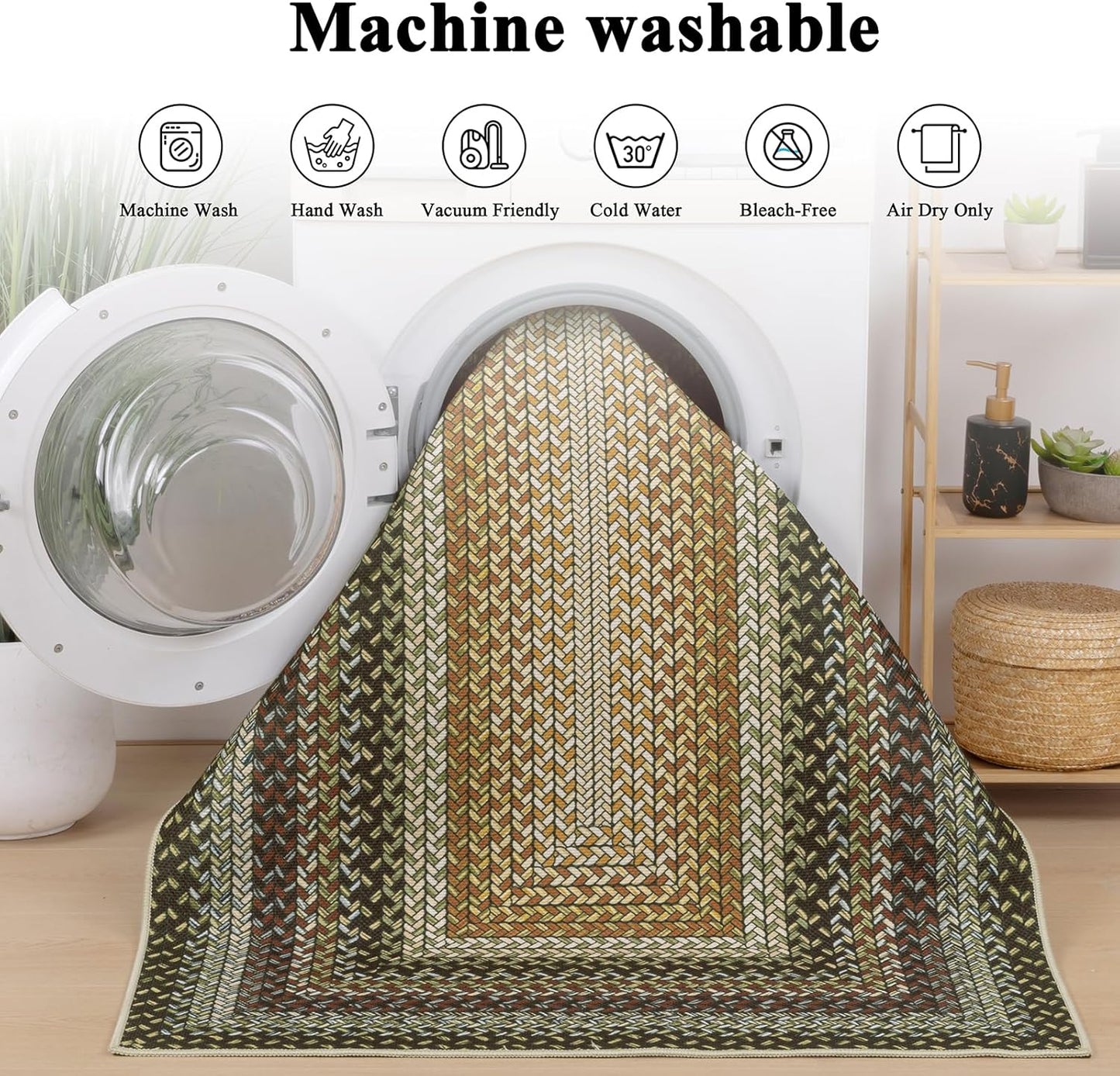 HEBE Faux Braided Area Rug Washable Farmhouse, No-Shed Non-Slip Woven Carpet, Pet Friendly Stain Resistant Jute Style Rug for Kitchen Bedroom Bathroom Entryway