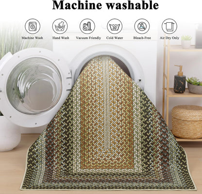 HEBE Faux Braided Area Rug Washable Farmhouse, No-Shed Non-Slip Woven Carpet, Pet Friendly Stain Resistant Jute Style Rug for Kitchen Bedroom Bathroom Entryway