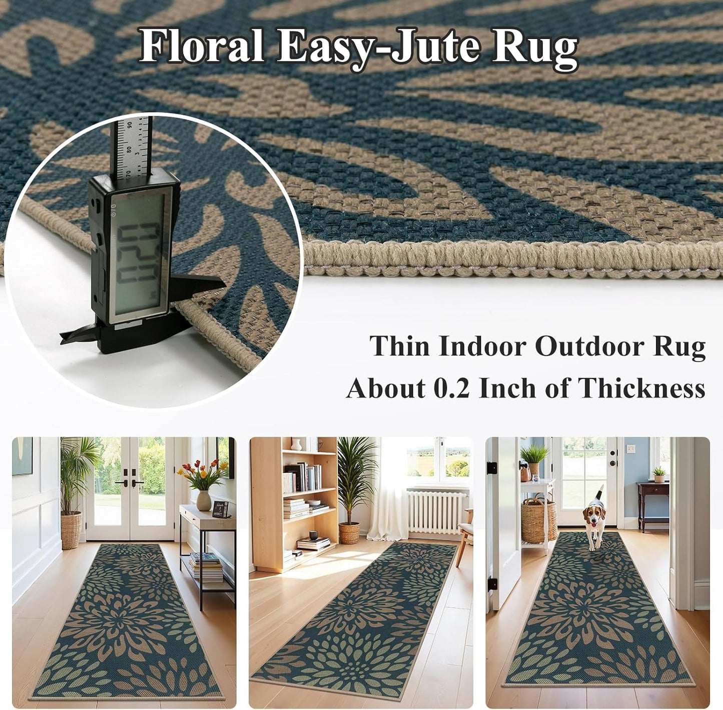 HEBE Faux Jute Runner Rug, Floral Washable Rugs Runner for Hallway, Non Slip Kitchen Runner Rug
