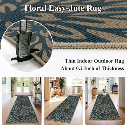 HEBE Faux Jute Runner Rug, Floral Washable Rugs Runner for Hallway, Non Slip Kitchen Runner Rug