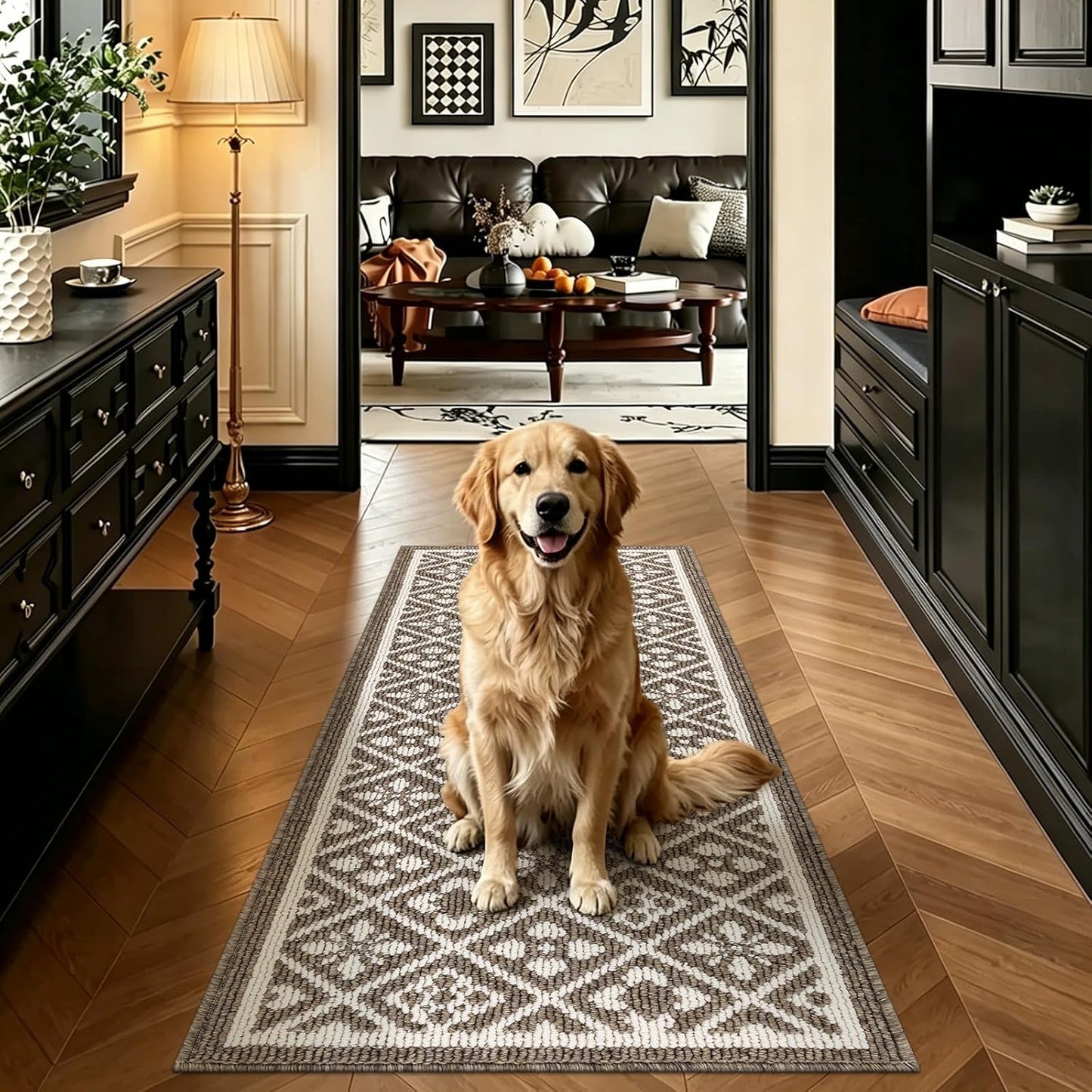 Hallway Runner Rug, Washable Indoor Brown Carpet with Non Slip Rubber Backing,Low Pile Durable Kitchen Floor Mat for Laundry Entryway Door & High Traffic Areas