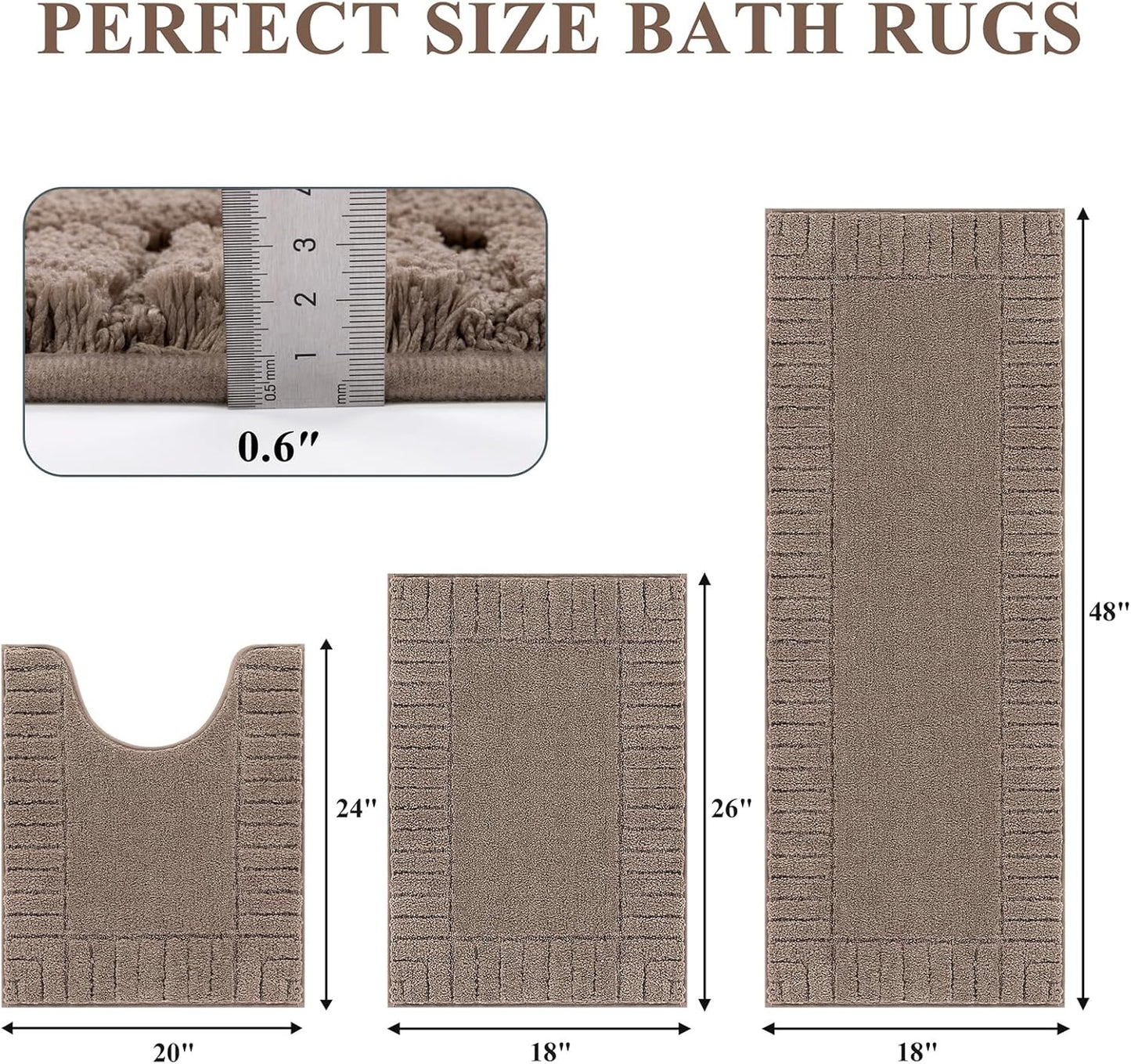 HEBE Bathroom Rugs Sets 3 Piece Bathroom Shower Rugs with U-Shaped Contour Toilet Mat Absorbent Microfiber Plush Bath Mats Non Slip Bath Rugs Machine Washable Shaggy Bath Mat Set