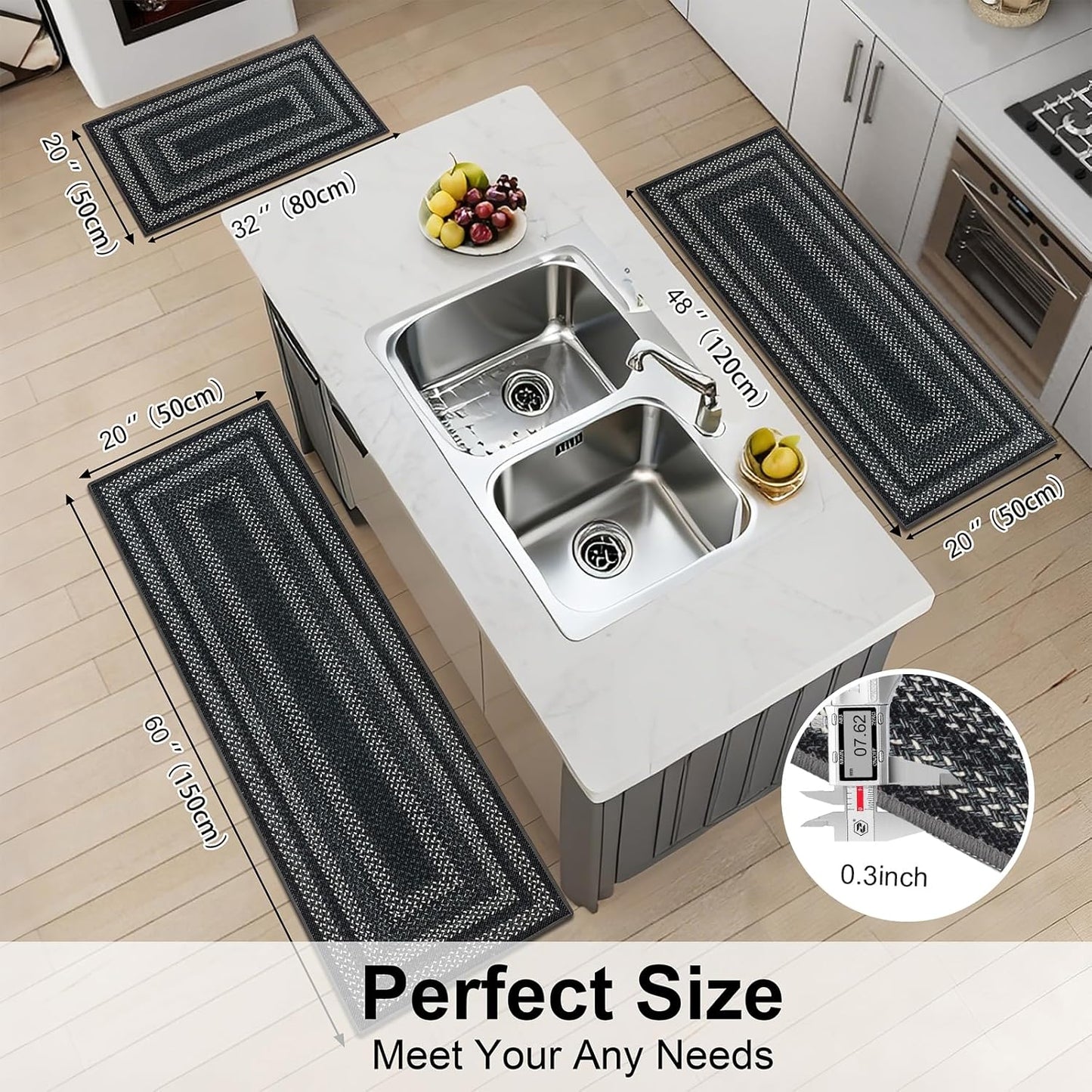 HEBE Boho Kitchen Rugs Sets 3 Piece with Runner Non Slip Kitchen Mats for Floor Washable Bohemian Runner Rug Set of 3 ﻿