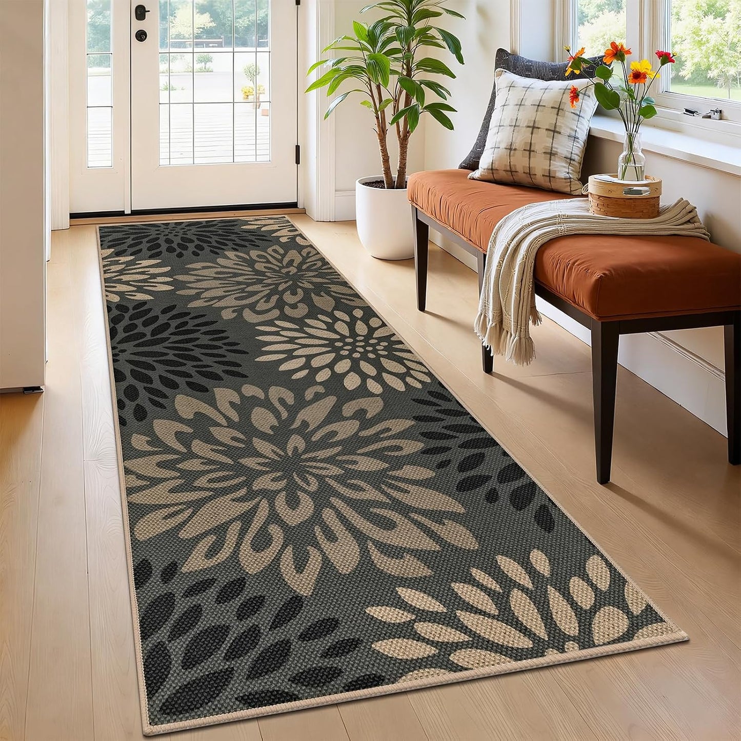 HEBE Faux Jute Runner Rug, Floral Washable Rugs Runner for Hallway, Non Slip Kitchen Runner Rug