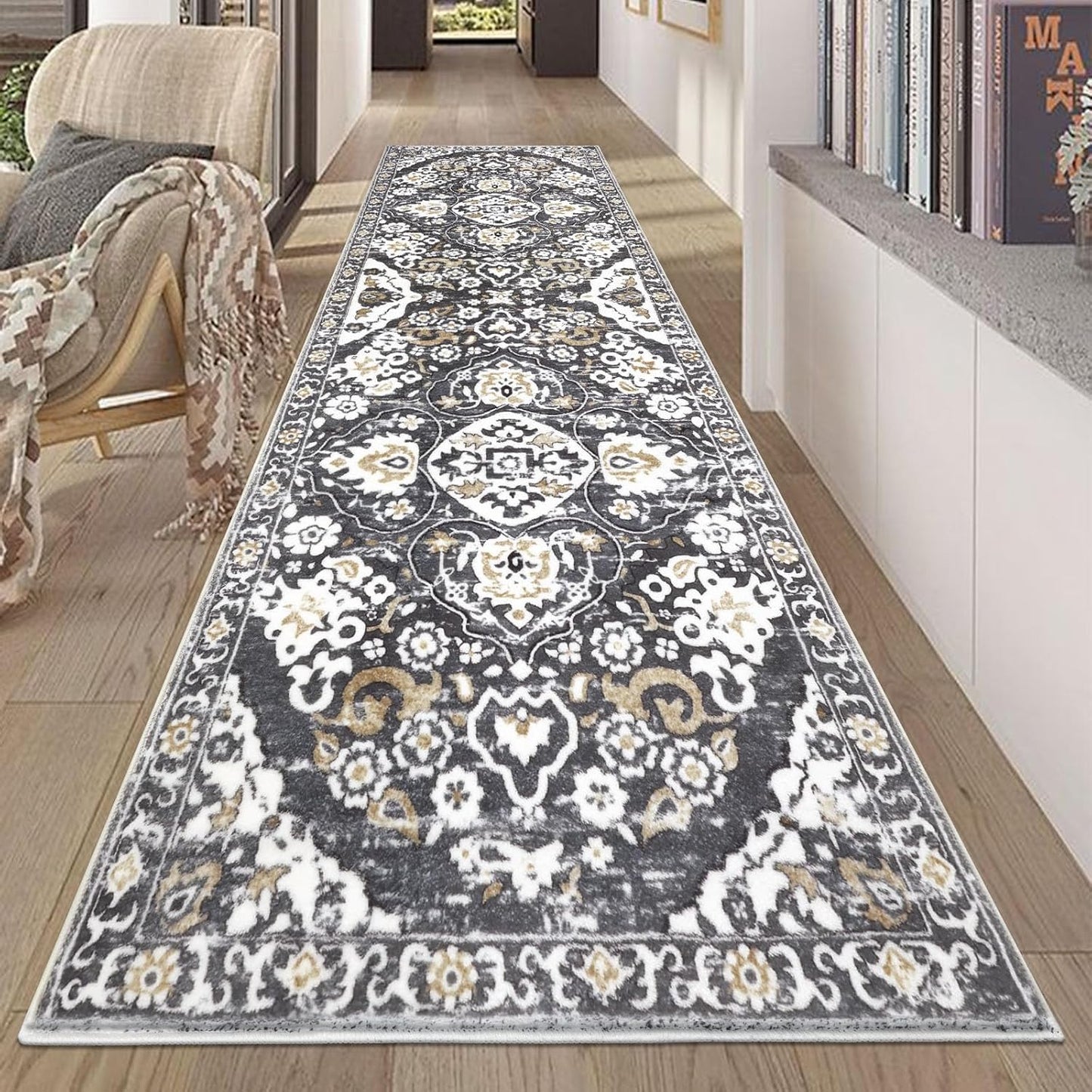 HEBE Hallway Runner Rug 2'8''x8' Washable Vintage Distressed Area Rugs Non Slip Laundry Rug Runner Boho Floor Carpet Runners
