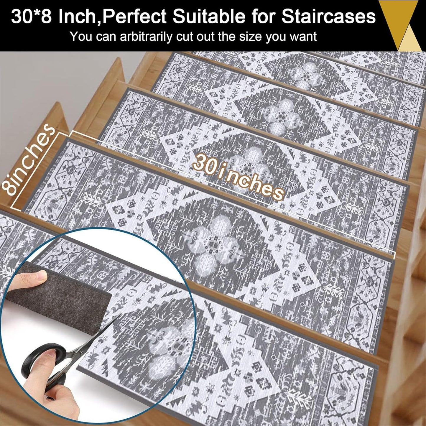 HEBE Carpet Stair Treads for Wooden Steps Indoor 15 Pack 8" X 30" Non Slip Self Adhesive Stairway Carpet Reusable Staircase Step Treads Edging Stair Rugs Runner for Kids and Pets