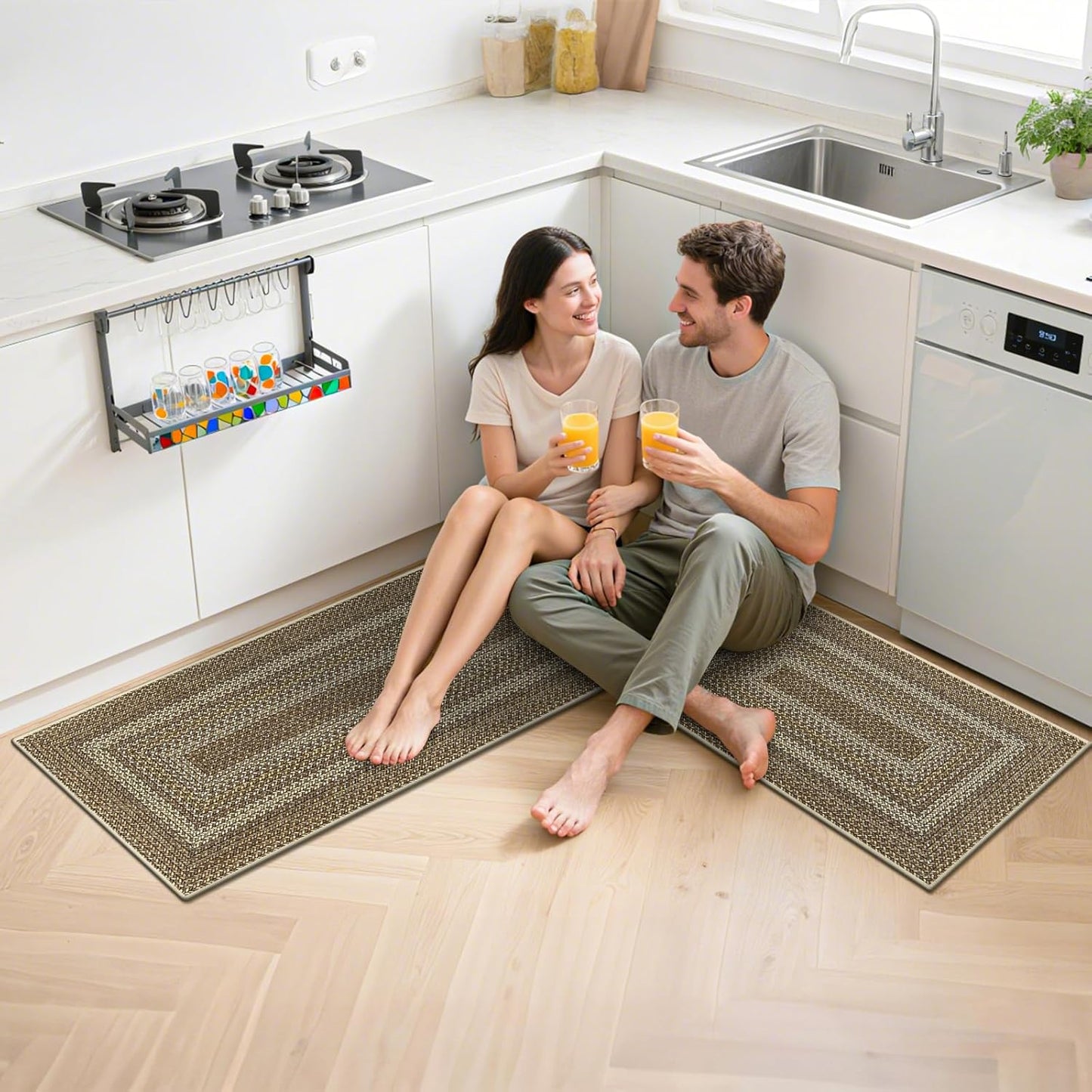 HEBE Boho Kitchen Rugs Sets 3 Piece with Runner Non Slip Kitchen Mats for Floor Washable Bohemian Runner Rug Set of 3 ﻿