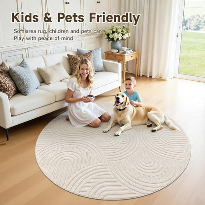 HEBE Area Rugs for Living Room, Non Slip Machine Washable Boho Neutral Modern Round Rug,Beige