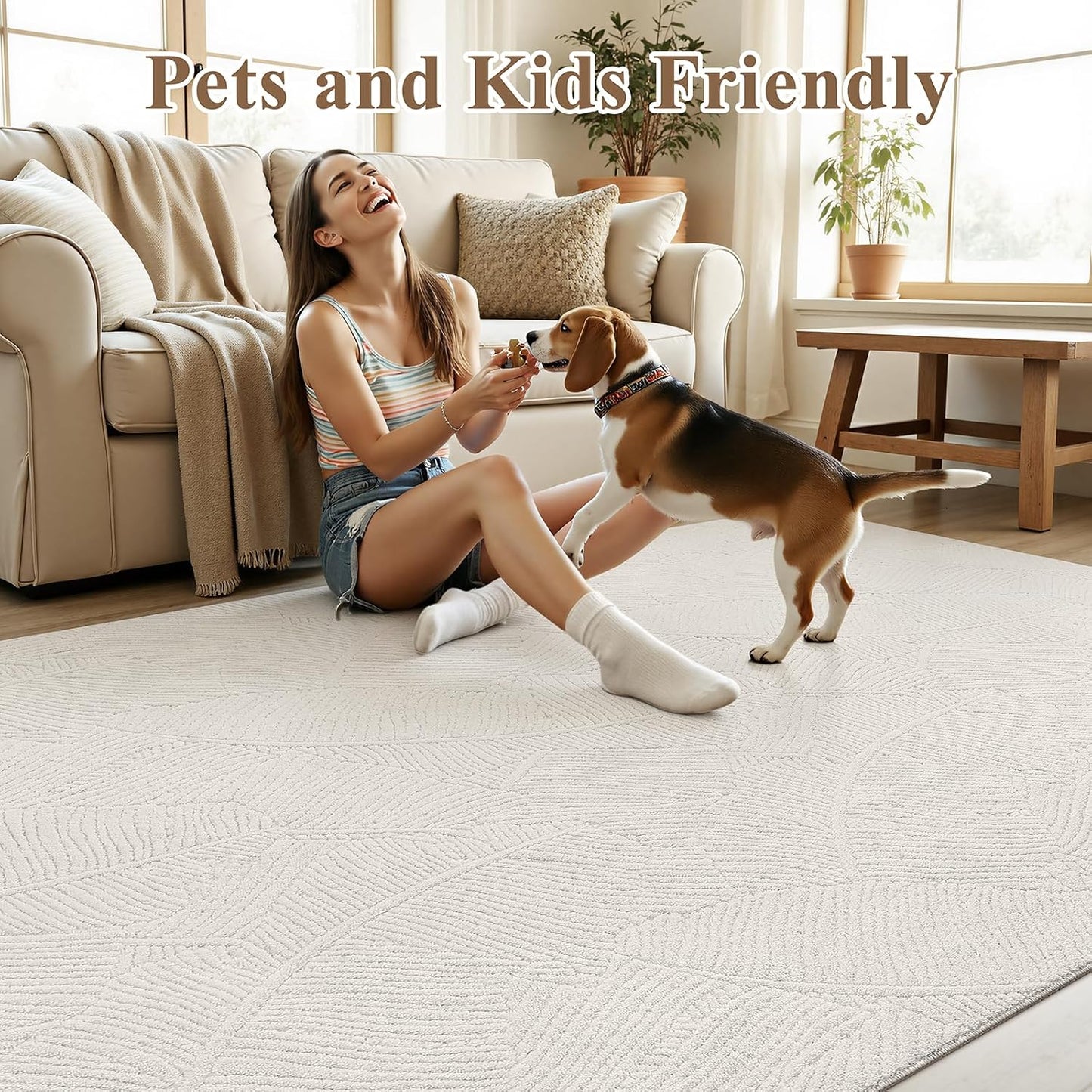 HEBE Washable Area Rug for Living Room, Beige Soft Fluffy Tropical Leaf Carpet with Non Slip Backing