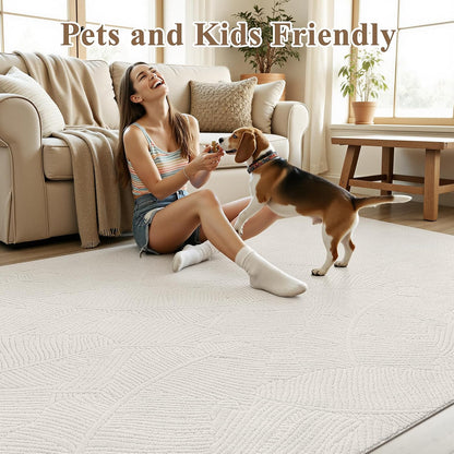 HEBE Washable Area Rug for Living Room, Beige Soft Fluffy Tropical Leaf Carpet with Non Slip Backing