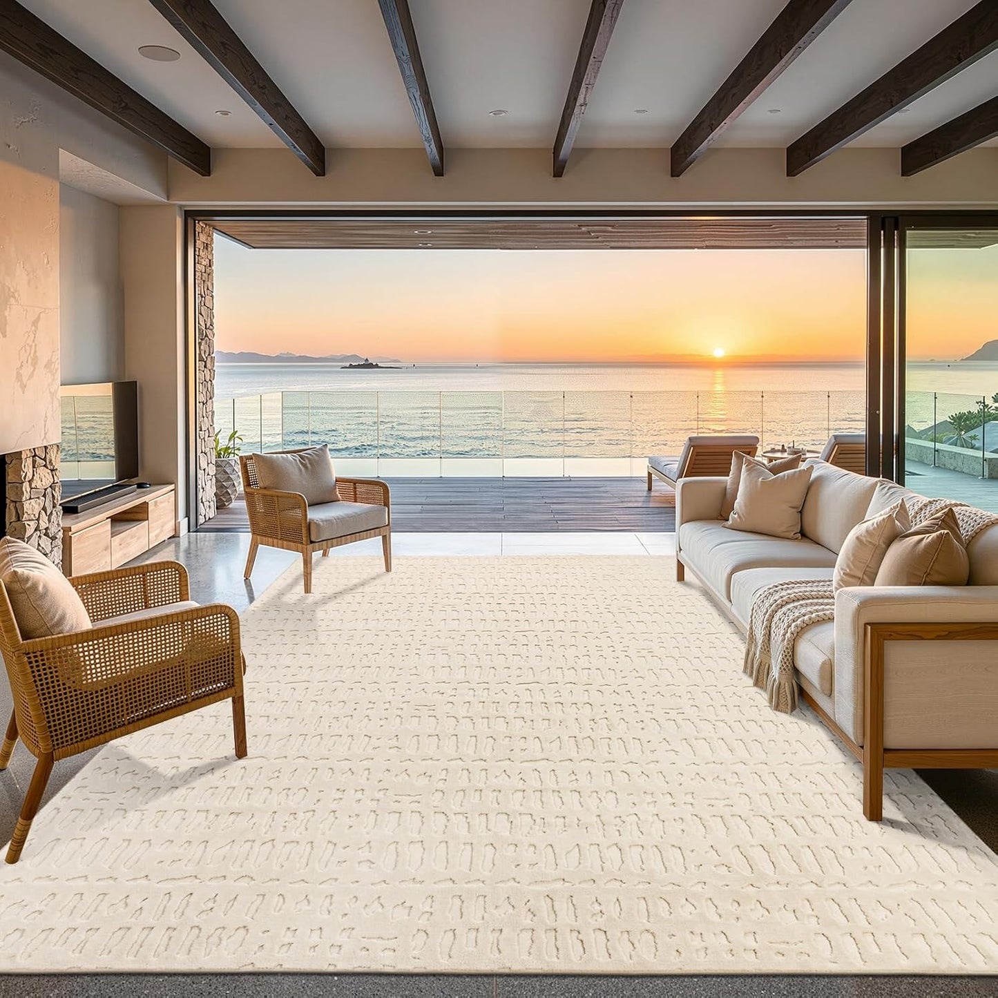 Washable Area Rug, High-Low Grid Textured Living Room Rugs