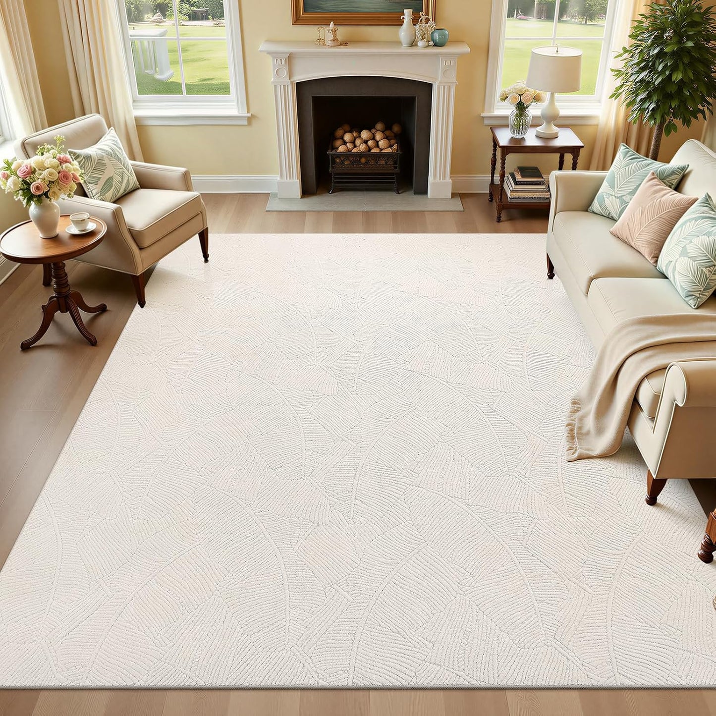 HEBE Washable Area Rug for Living Room, Beige Soft Fluffy Tropical Leaf Carpet with Non Slip Backing