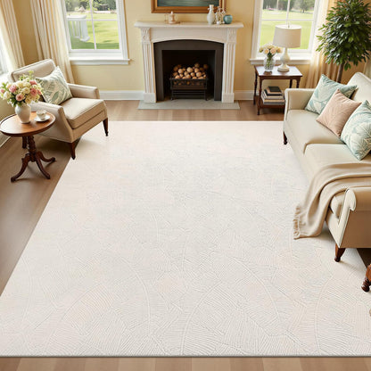 HEBE Washable Area Rug for Living Room, Beige Soft Fluffy Tropical Leaf Carpet with Non Slip Backing