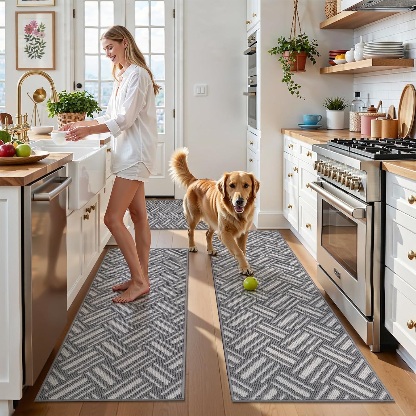 3-Piece Kitchen Rug Set, Non-Slip Basketweave Geometric Floor Mats