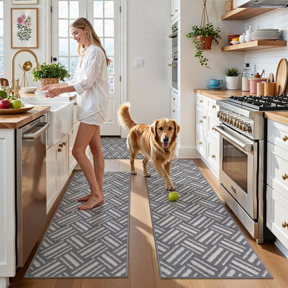 3-Piece Kitchen Rug Set, Non-Slip Basketweave Geometric Floor Mats