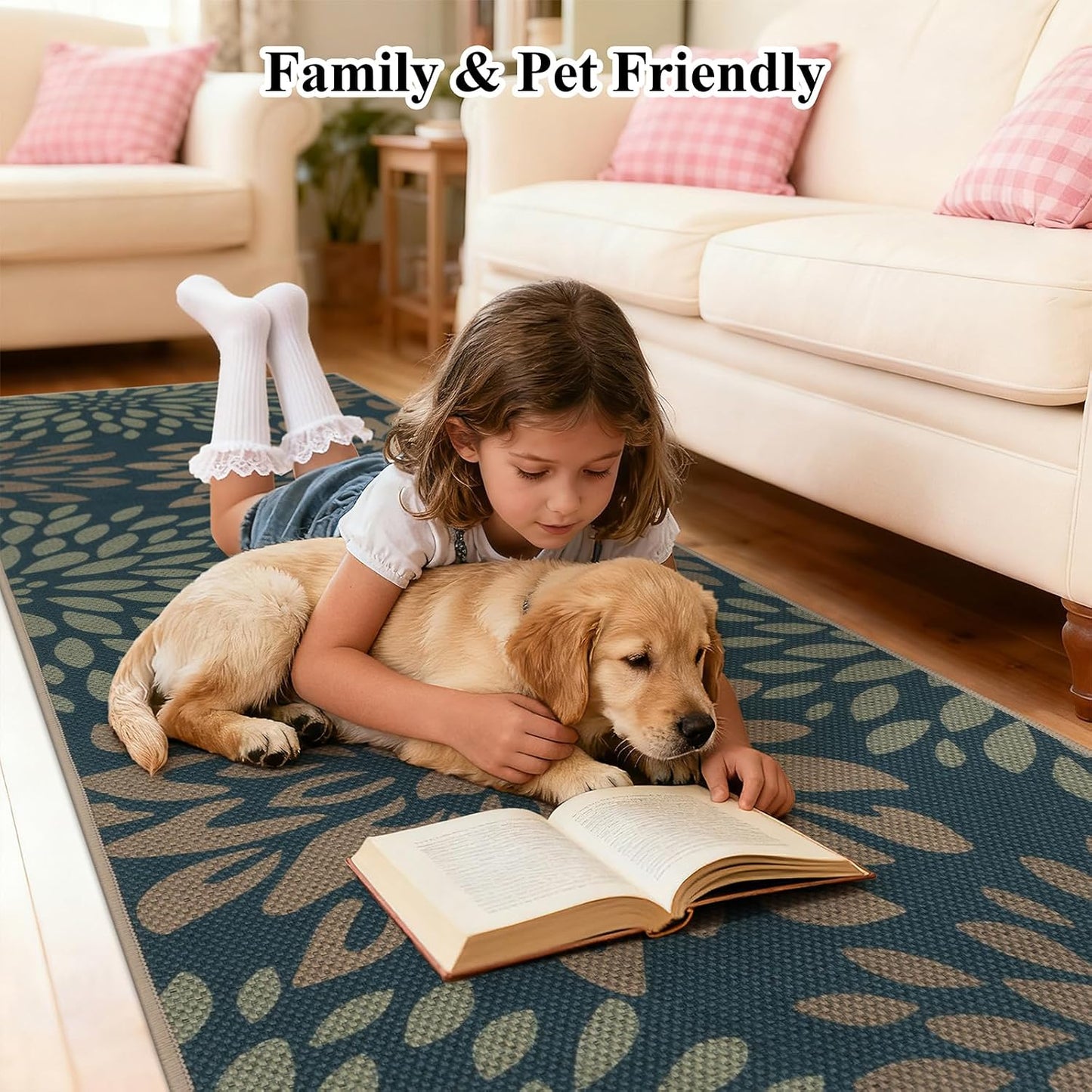 HEBE Faux Jute Runner Rug, Floral Washable Rugs Runner for Hallway, Non Slip Kitchen Runner Rug