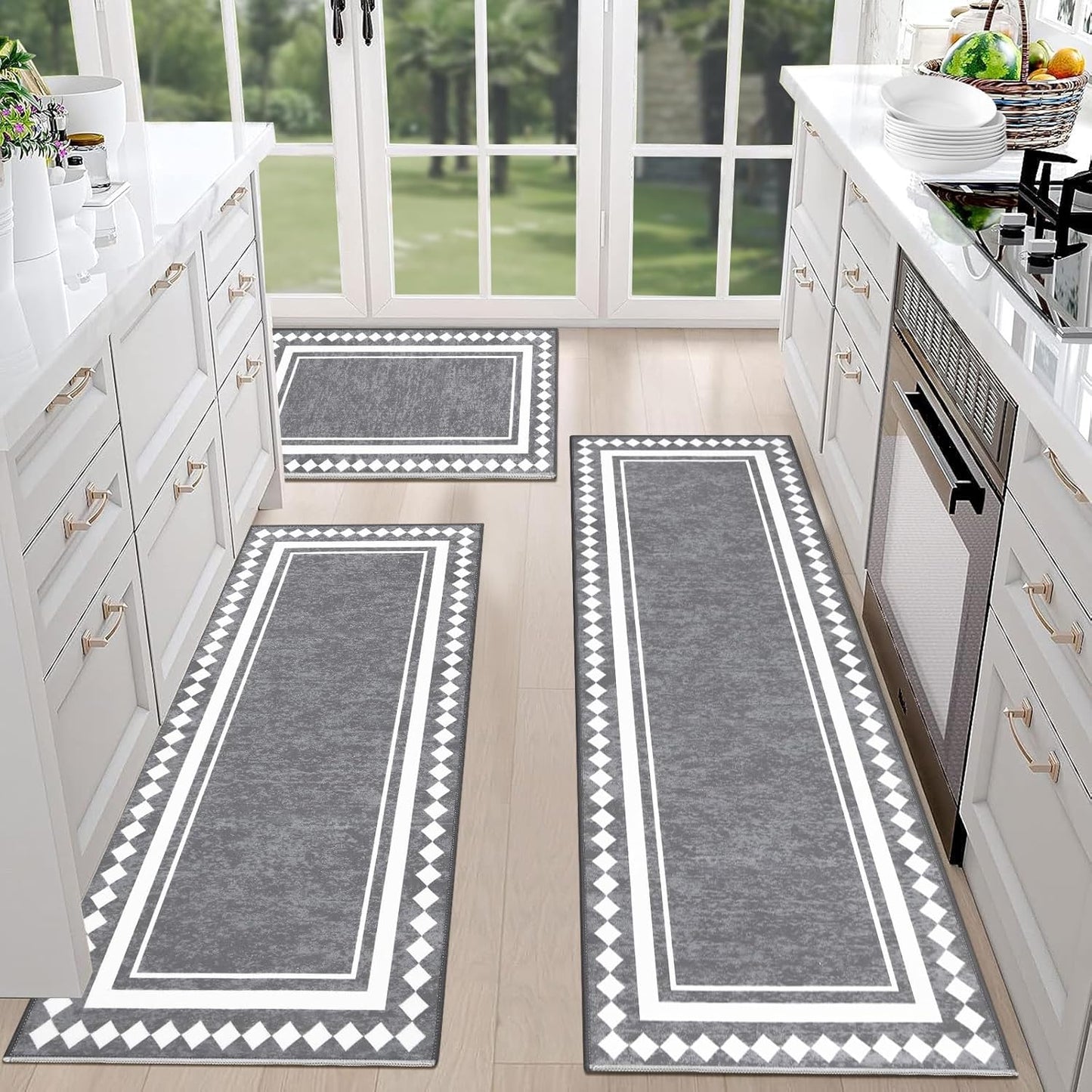 HEBE Farmhouse Kitchen Rugs Sets of 3 Non Slip Washable Boho Kitchen Rugs and Mats for Floor Kitchen Runner Rug