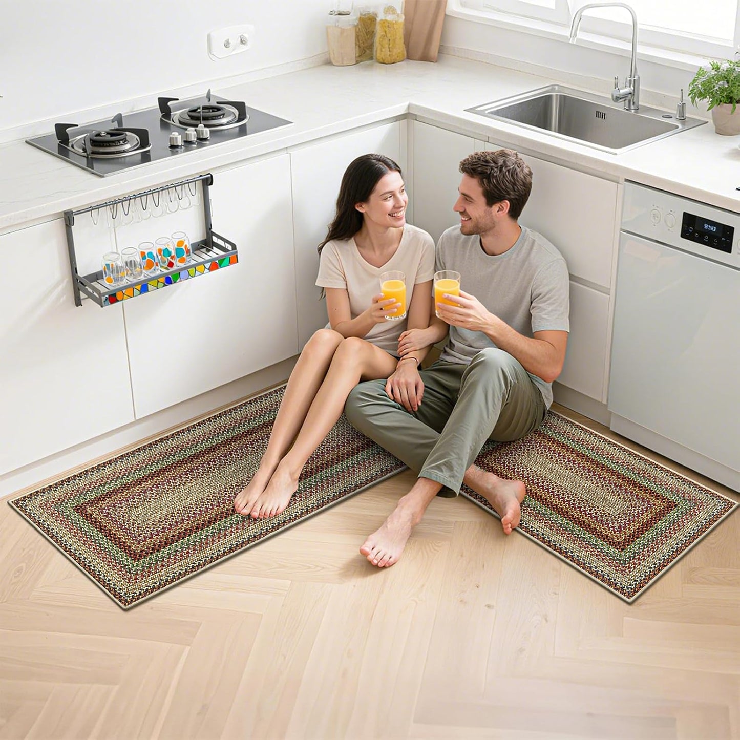 HEBE Boho Kitchen Rugs Sets 3 Piece with Runner Non Slip Kitchen Mats for Floor Washable Bohemian Runner Rug Set of 3 ﻿