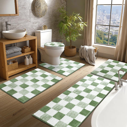 Checkered Bathroom Rug Sets 5 Piece, Non-Slip Ultra Absorbent Microfiber Bath Mats
