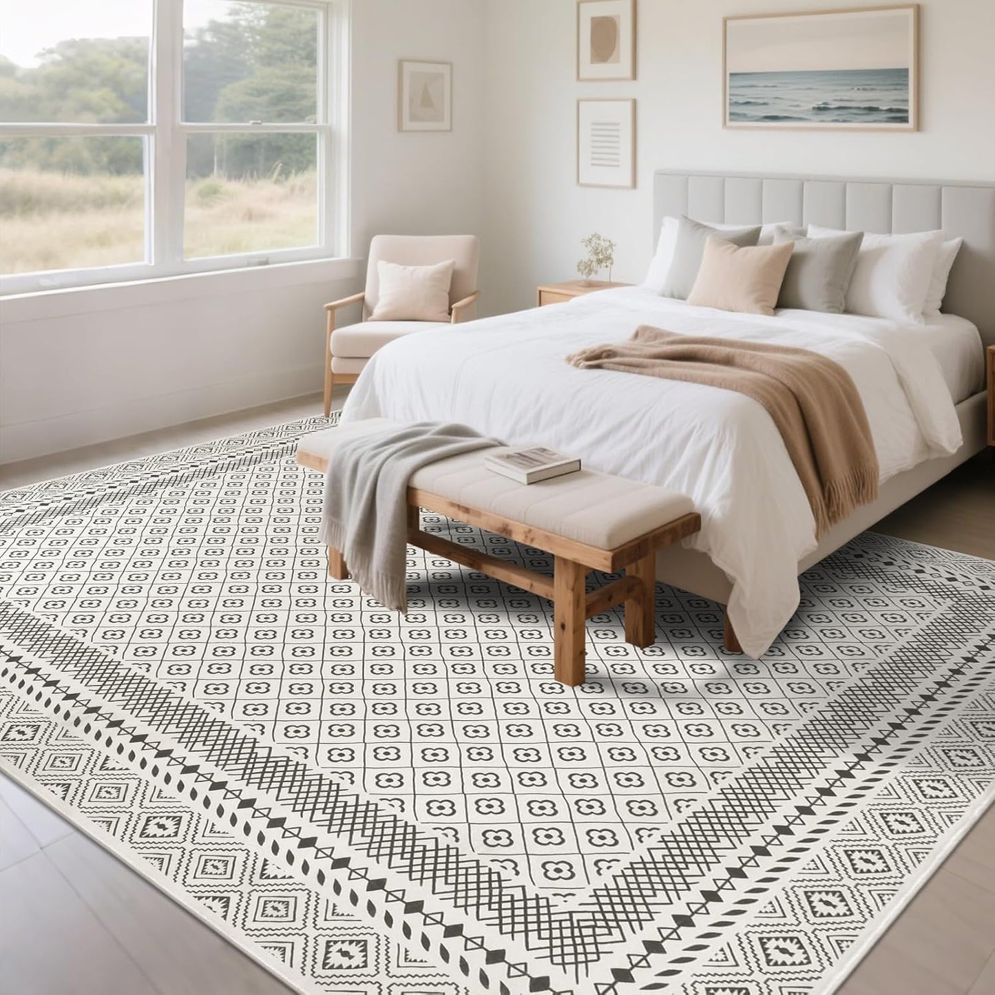 HEBE Living Room Rugs Soft Low Pile Non Slip Washable Area Rug Floor Mat for Bedroom Dining Room, Moroccan Geometric Bordered Rug