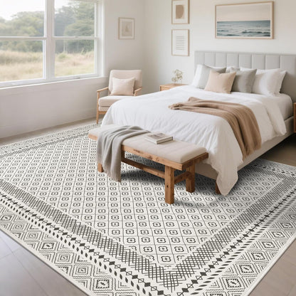 HEBE Living Room Rugs Soft Low Pile Non Slip Washable Area Rug Floor Mat for Bedroom Dining Room, Moroccan Geometric Bordered Rug