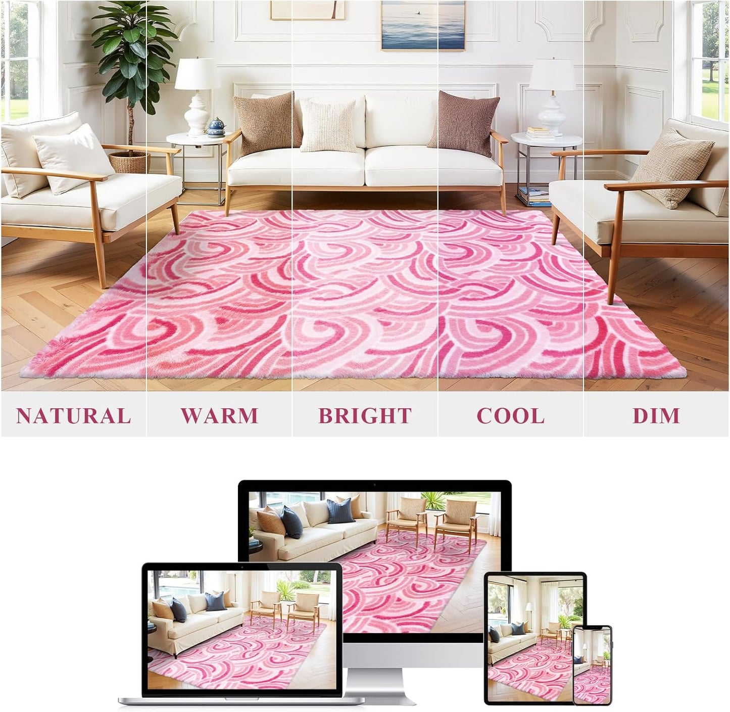 HEBE Pink Round Rug 4ft Fuzzy Shag Area Rugs for Girls Bedroom