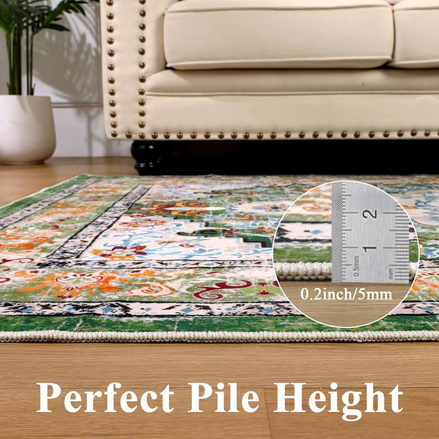 HEBE Boho Vintage Area Rug 5x7 Machine Washable Low Pile Soft Floor Carpet Non Slip Non Shedding Accent Rug for Living Room Bedroom Entryway Dining Room Office Green