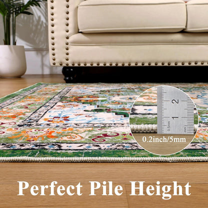 HEBE Boho Vintage Area Rug 5x7 Machine Washable Low Pile Soft Floor Carpet Non Slip Non Shedding Accent Rug for Living Room Bedroom Entryway Dining Room Office Green