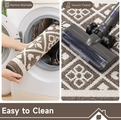 Hallway Runner Rug, Washable Indoor Brown Carpet with Non Slip Rubber Backing,Low Pile Durable Kitchen Floor Mat for Laundry Entryway Door & High Traffic Areas