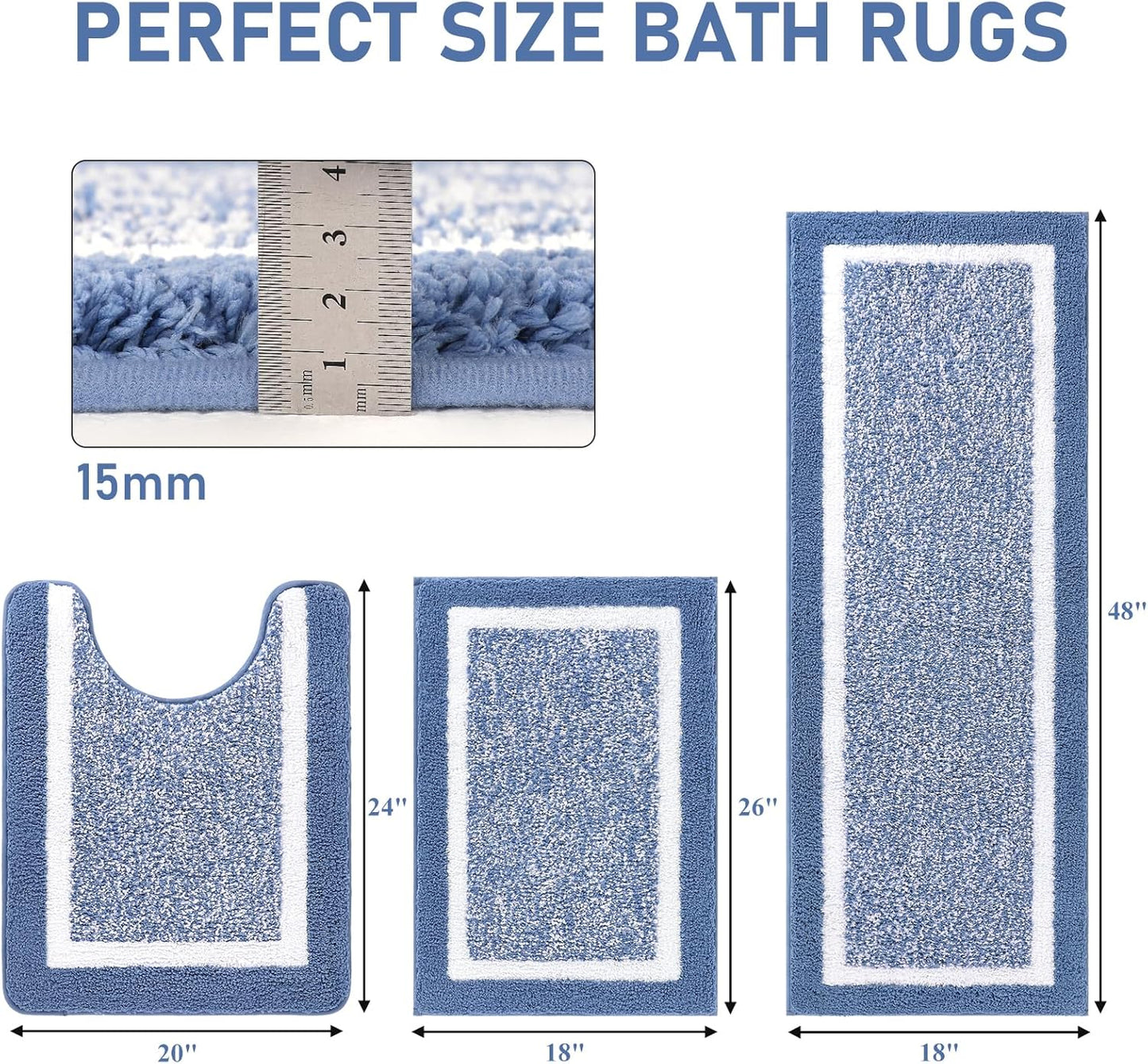 HEBE Bathroom Rug Mat Set 3 Piece, Microfiber Shaggy Bath Set, Non-Slip Ultra Soft Carpet Mats, Absorbent with U-Shaped Toilet for Bathroom, Tub, Shower