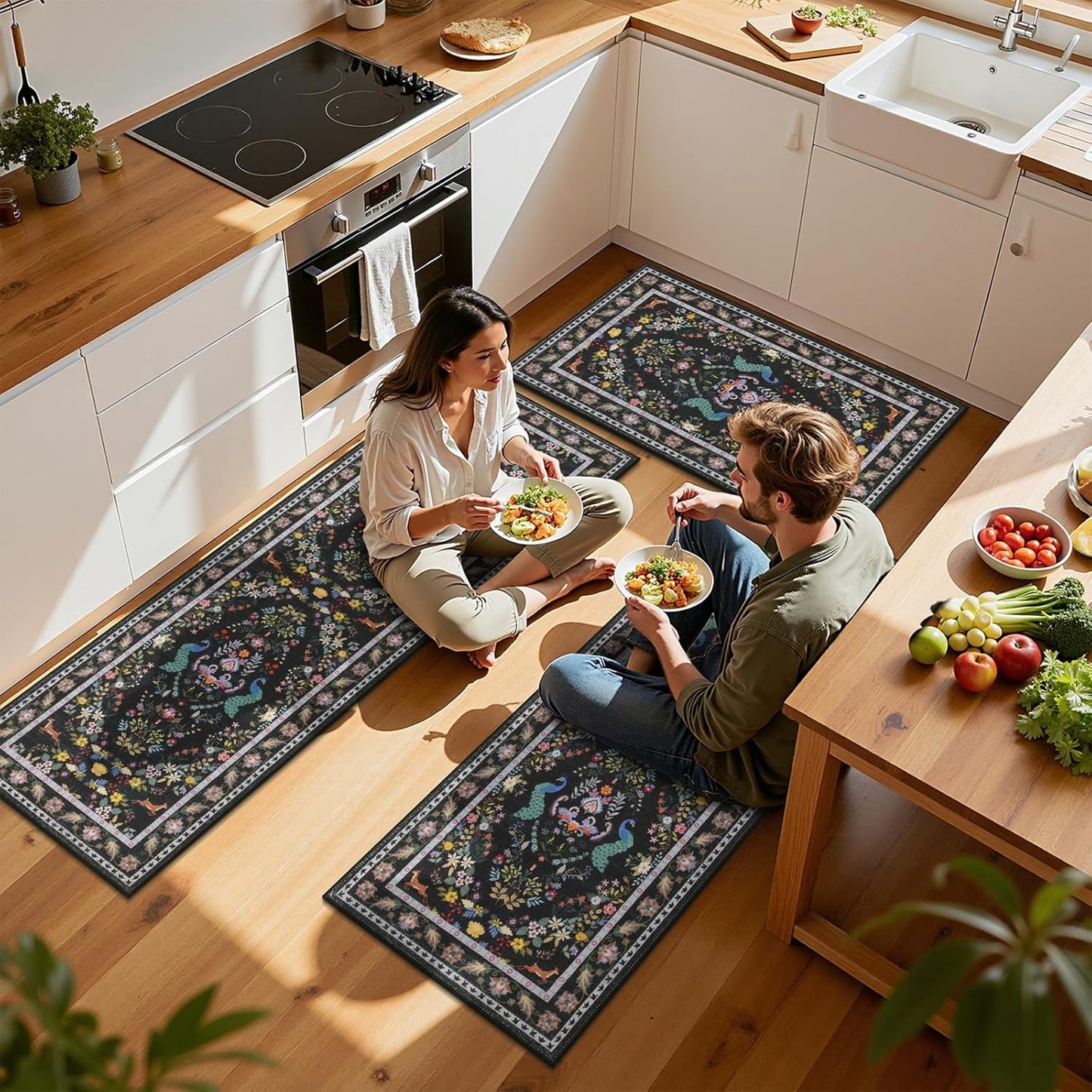 HEBE Machine Washable Non-Slip Kitchen Mat Farmhouse Kitchen Rugs Sets of 3 (20"x32"+20"x48"+20"x59")