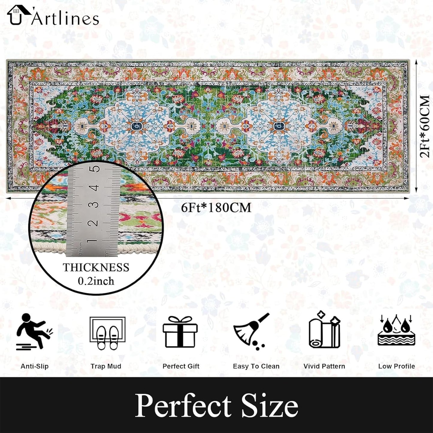 HEBE Boho Vintage Area Rug 5x7 Machine Washable Low Pile Soft Floor Carpet Non Slip Non Shedding Accent Rug for Living Room Bedroom Entryway Dining Room Office Green