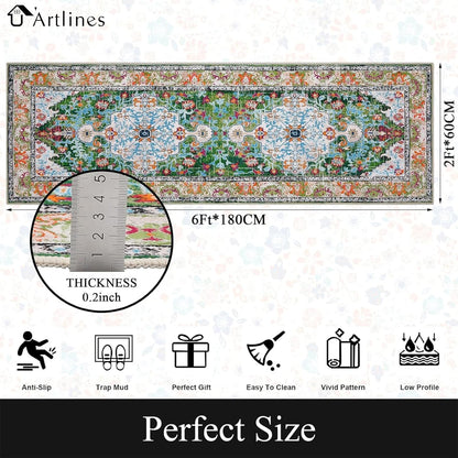 HEBE Boho Vintage Area Rug 5x7 Machine Washable Low Pile Soft Floor Carpet Non Slip Non Shedding Accent Rug for Living Room Bedroom Entryway Dining Room Office Green