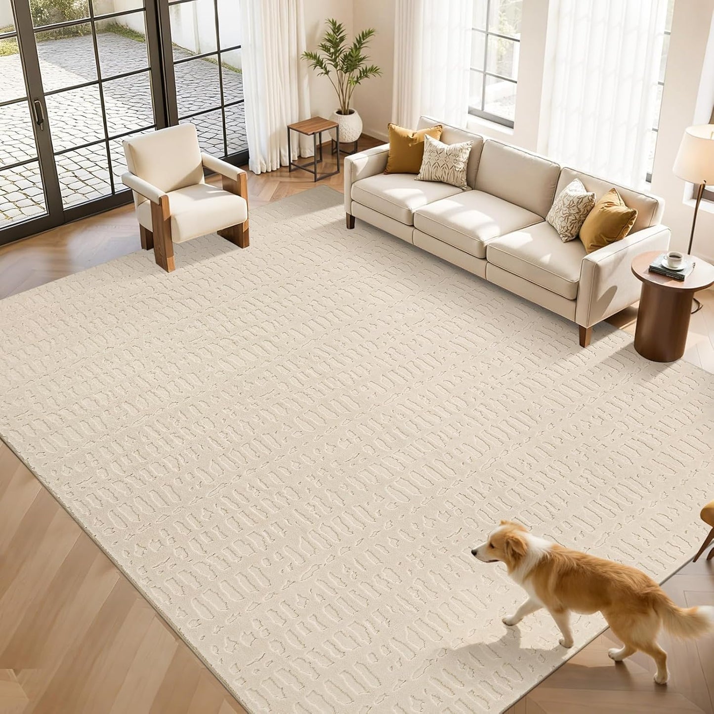 Washable Area Rug, High-Low Grid Textured Living Room Rugs