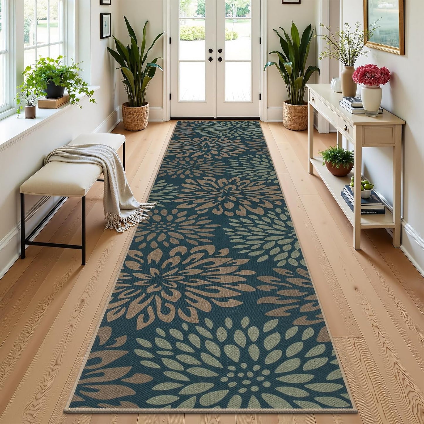 HEBE Faux Jute Runner Rug, Floral Washable Rugs Runner for Hallway, Non Slip Kitchen Runner Rug