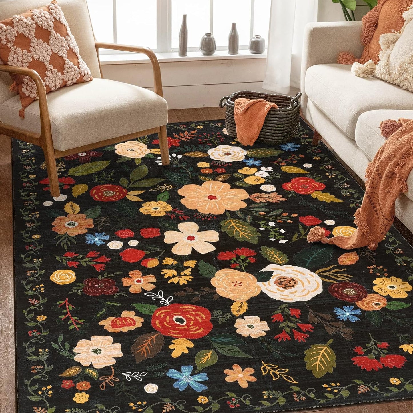 HEBE 5x7 ft Living Room Area Rug Machine Washable Boho Area Rug Non Slip Floral Vintage Low Pile Large Rug for Living Room, Bedroom, Farmhouse, Dining Room, Kids Playroom