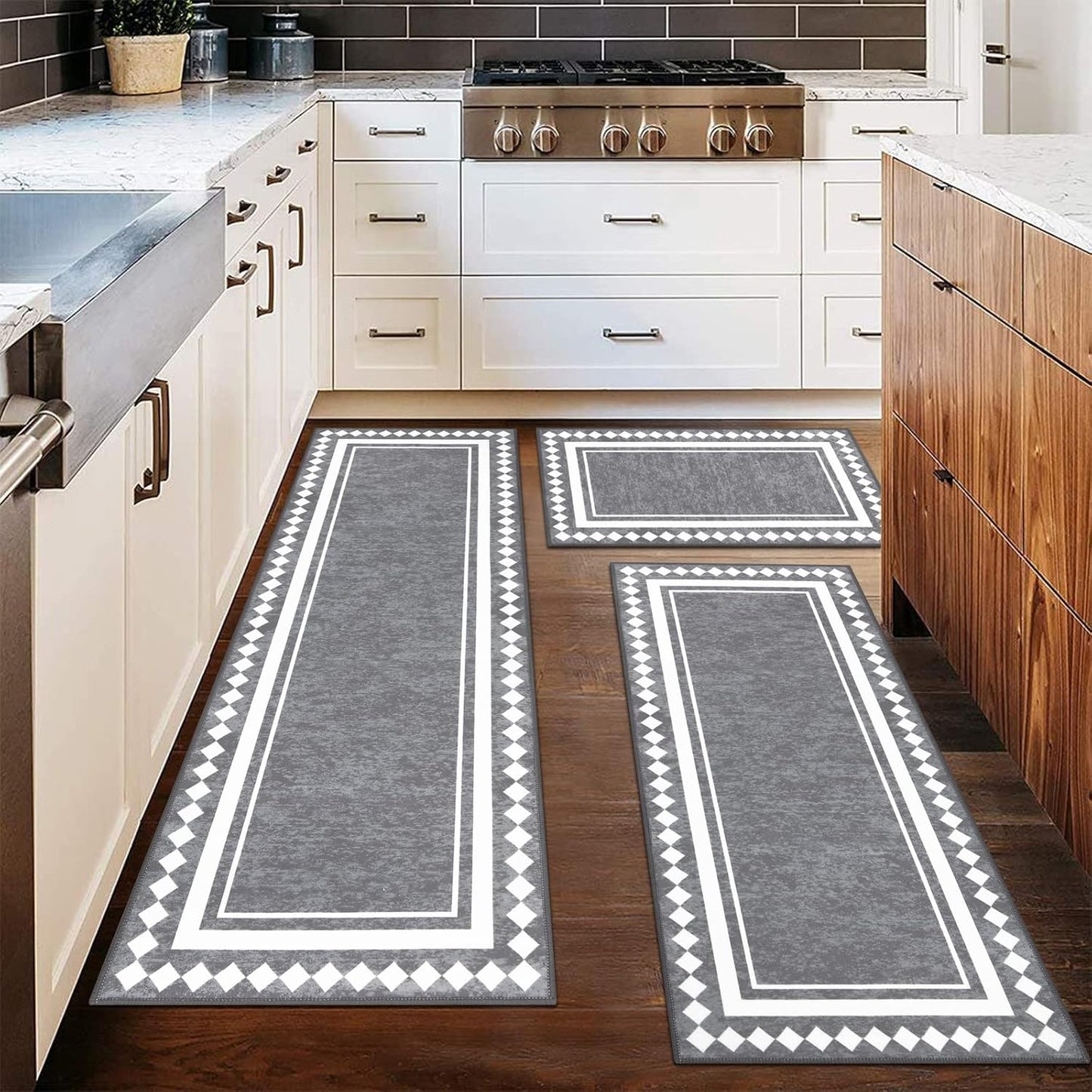 HEBE Farmhouse Kitchen Rugs Sets of 3 Non Slip Washable Boho Kitchen Rugs and Mats for Floor Kitchen Runner Rug