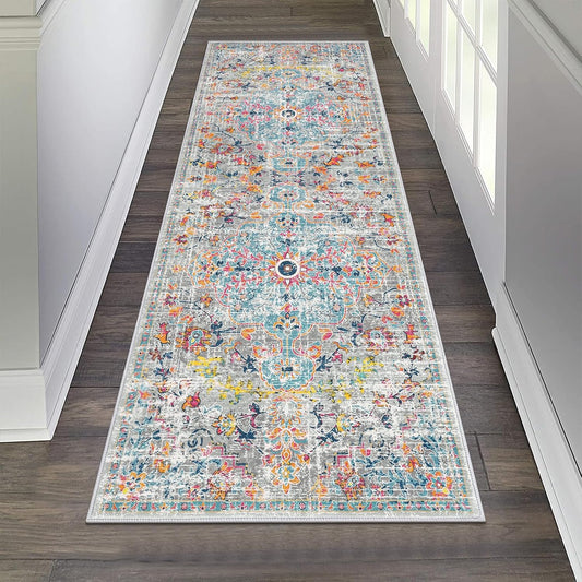 HEBE 2'x6' Vintage Runner Rug 0.4" Distressed Hallway Rug Non Slip Laundry Runner Rug Decor Rug Washable Runner Rug Kitchen Floor Mat Entryway Rug Runner for Laundry Kitchen