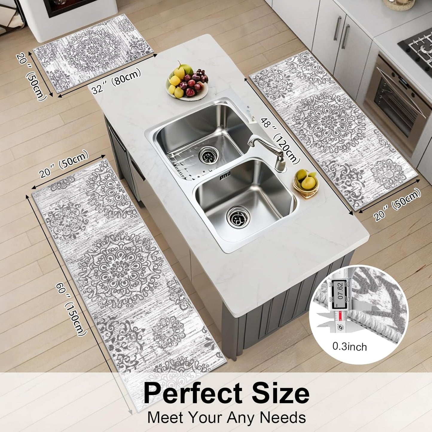 HEBE Farmhouse Kitchen Rugs Sets of 3 Non Slip Washable Boho Kitchen Rugs