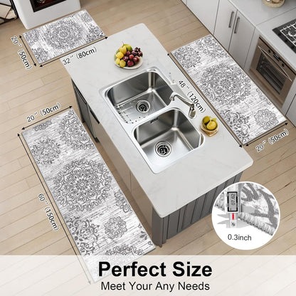 HEBE Farmhouse Kitchen Rugs Sets of 3 Non Slip Washable Boho Kitchen Rugs