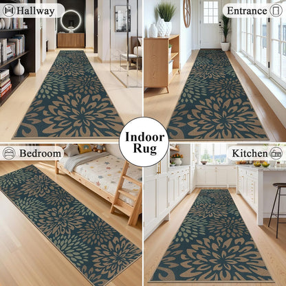 HEBE Faux Jute Runner Rug, Floral Washable Rugs Runner for Hallway, Non Slip Kitchen Runner Rug