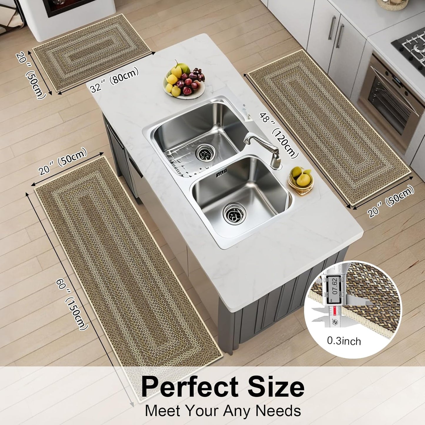 HEBE Boho Kitchen Rugs Sets 3 Piece with Runner Non Slip Kitchen Mats for Floor Washable Bohemian Runner Rug Set of 3 ﻿