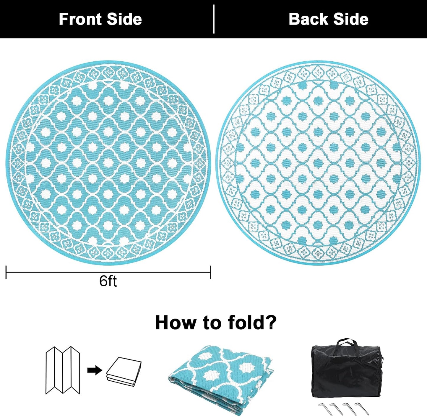 Waterproof Outdoor Rug 6ft, Reversible Plastic Straw Patio Camping Rug