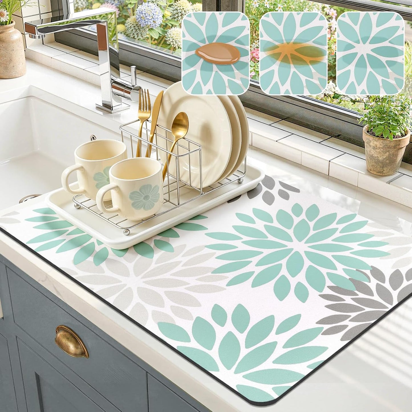 HEBE Floral Dish Drying Mat, Super Absorbent & Hide Stain Coffee Mat