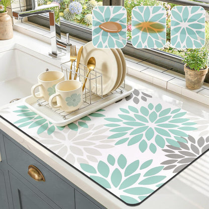 HEBE Floral Dish Drying Mat, Super Absorbent & Hide Stain Coffee Mat