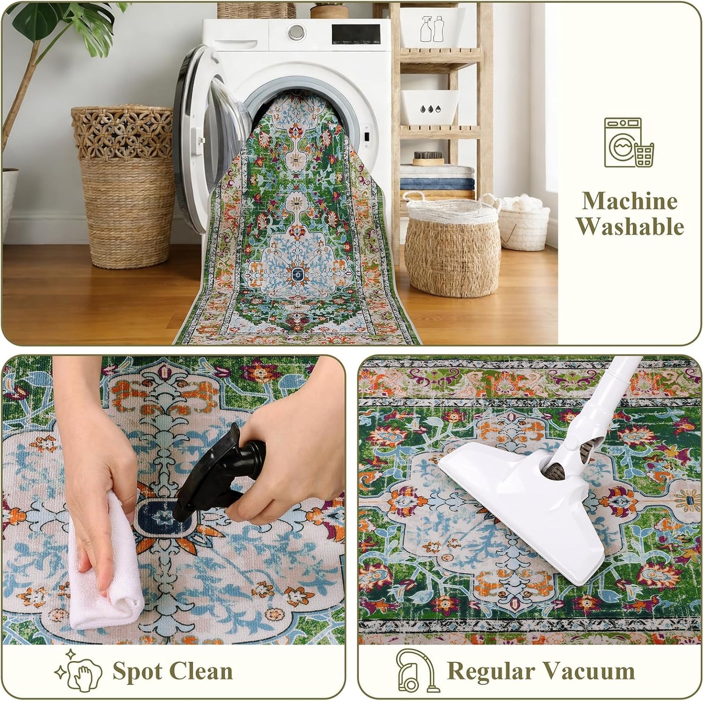 HEBE Boho Vintage Area Rug 5x7 Machine Washable Low Pile Soft Floor Carpet Non Slip Non Shedding Accent Rug for Living Room Bedroom Entryway Dining Room Office Green