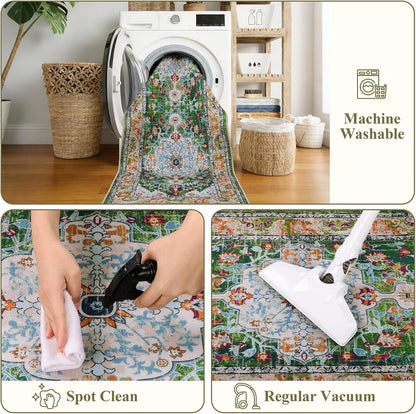 HEBE Boho Vintage Area Rug 5x7 Machine Washable Low Pile Soft Floor Carpet Non Slip Non Shedding Accent Rug for Living Room Bedroom Entryway Dining Room Office Green