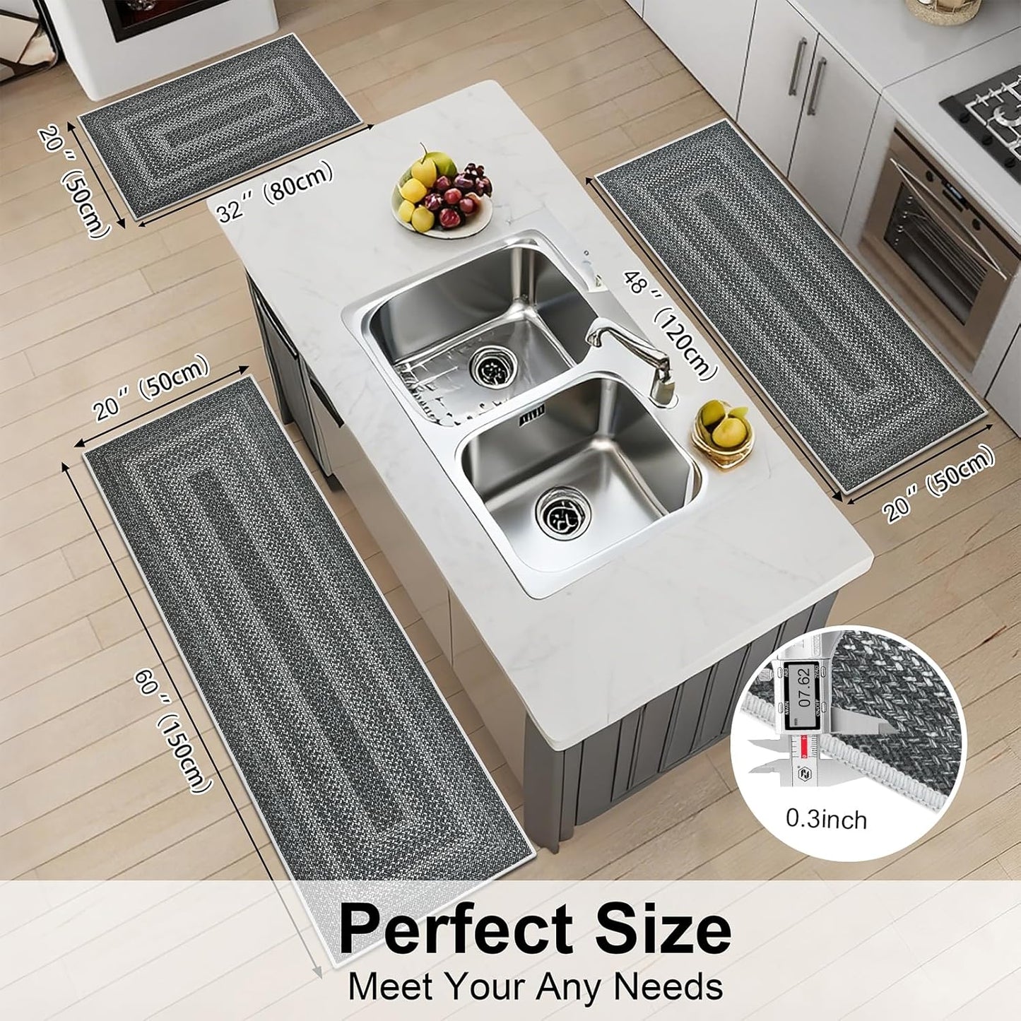 HEBE Boho Kitchen Rugs Sets 3 Piece with Runner Non Slip Kitchen Mats for Floor Washable Bohemian Runner Rug Set of 3 ﻿